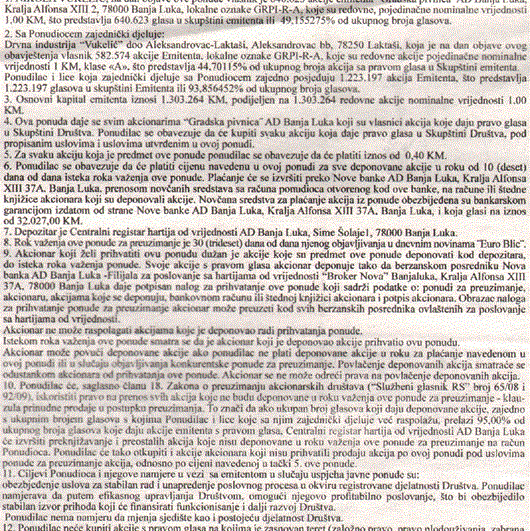 JAVNA PONUDA ZA PREUZIMANJE AKCIONARIMA EMITENTA GRADSKA PIVNICA A.D. BANJA LUKA - Nikola Vukelić, zastupan po Nova banka a.d. Banja Luka, Filijala za poslovanje sa HoV Broker Nova