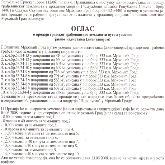 PRODAJA GRADSKOG GRAĐEVINSKOG ZEMLJIŠTA - Opština Mrkonjić Grad