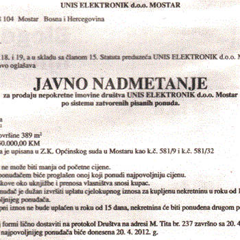PRODAJA ZGRADE, ZEMLJIŠTA I PUTA - Unis Elektronik d.o.o. Mostar