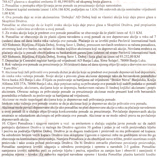 JAVNA PONUDA ZA PREUZIMANJE AKCIONARIMA DOBOJKA A.D. DOBOJ - Nova banka a.d. Banja Luka, Broker Nova Banja Luka
