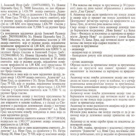 PONUDA ZA PREUZIMANJE AKCIONARIMA PREDUZEĆA JEDINSTVO A.D. NOVI GRAD - Janković Igor Banja Luka, Nova banka a.d. Banja Luka