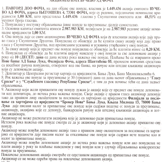 PONUDA ZA PREUZIMANJE AKCIONARIMA PREDZEĆA VUČEVO A.D. FOČA - Pavgord d.o.o. Foča, Broker Nova Banja Luka