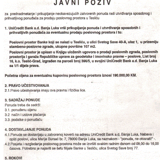 PRODAJA POSLOVNOG PROSTORA U TESLIĆU - UniCredit Bank a.d. Banja Luka