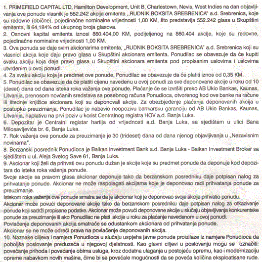 JAVNA PONUDA ZA PREUZIMANJE AKCIONARIMA AKCIONARSKOG DRUŠTVA RUDNIK BOKSITA SREBRENICA A.D. SREBRENICA - Primefield Capital Ltd Charlestown