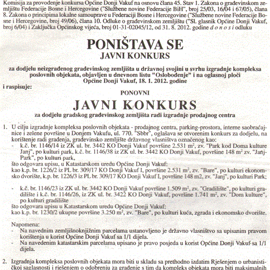 (poništenje i ponovni javni konkurs) DODJELA NEIZGRAĐENOG GRAĐEVINSKOG ZEMLJIŠTA RADI IZGRADNJE PRODAJNOG CENTRA U DONJEM VAKUFU - Općina Donji Vakuf