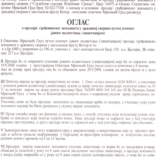 PRODAJA GRAĐEVINSKOG ZEMLJIŠTA U DRŽAVNOJ SVOJINI - Opština Mrkonjić Grad