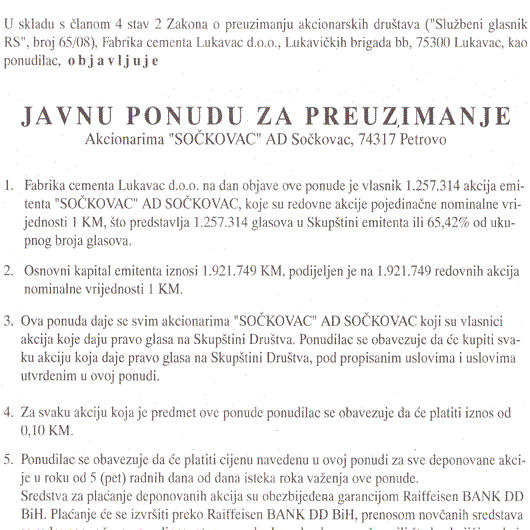 JAVNA PONUDA ZA PREUZIMANJE AKCIONARIMA SOČKOVAC A.D. SOČKOVAC - Fabrika cementa Lukavac d.o.o. Lukavac