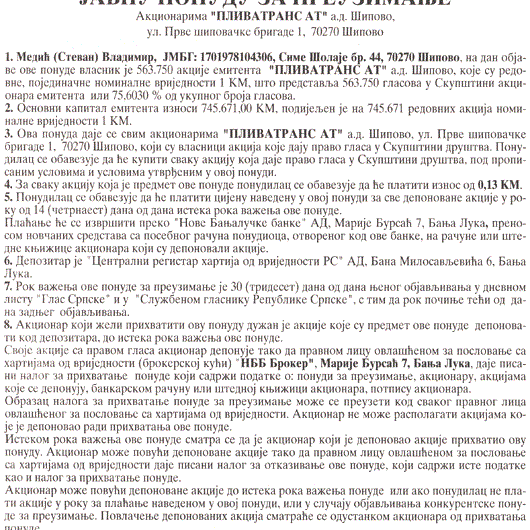 JAVNA PONUDA ZA PREUZIMANJE AKCIONARIMA PREDUZEĆA PLIVATRANS AT A.D. ŠIPOVO - Medić Vladimir Šipovo, Nova banjalučka banka a.d. Banja Luka