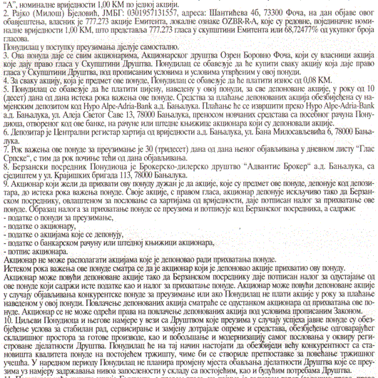 JAVNA PONUDA ZA PREUZIMANJE AKCIONARIMA AKCIONARSKOG DRUŠTVA OZREN BOROVNO FOČA - Rajko Bjelović, Foča, zastupan po punomočniku Advantis Broker a.d. Banja Luka
