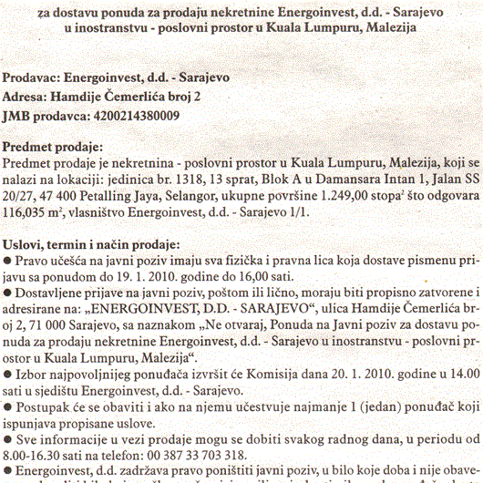 PRODAJA POSLOVNOG PROSTORA U KUALA LUMPURU, MALEZIJA - Energoinvest d.d. Sarajevo